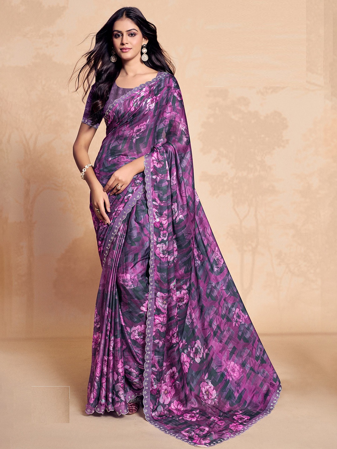 

MAHALASA Beads and Stones Floral Printed Satin Saree, Magenta