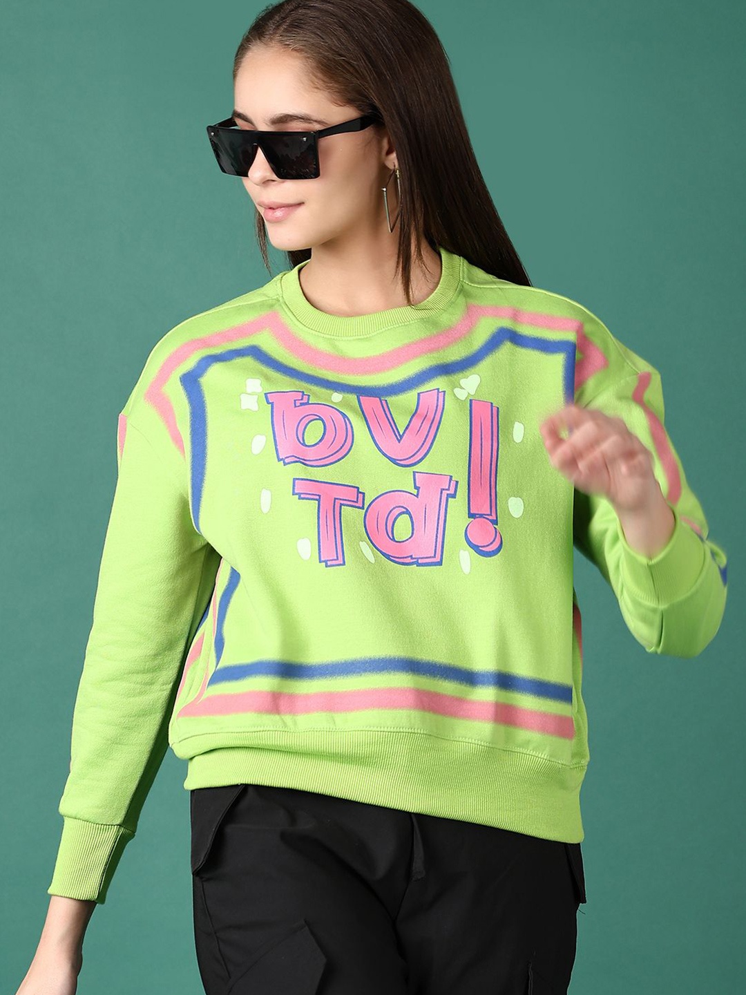 

V-Mart Women Typography Printed Round Neck Long Sleeves Pullover Sweatshirt, Green