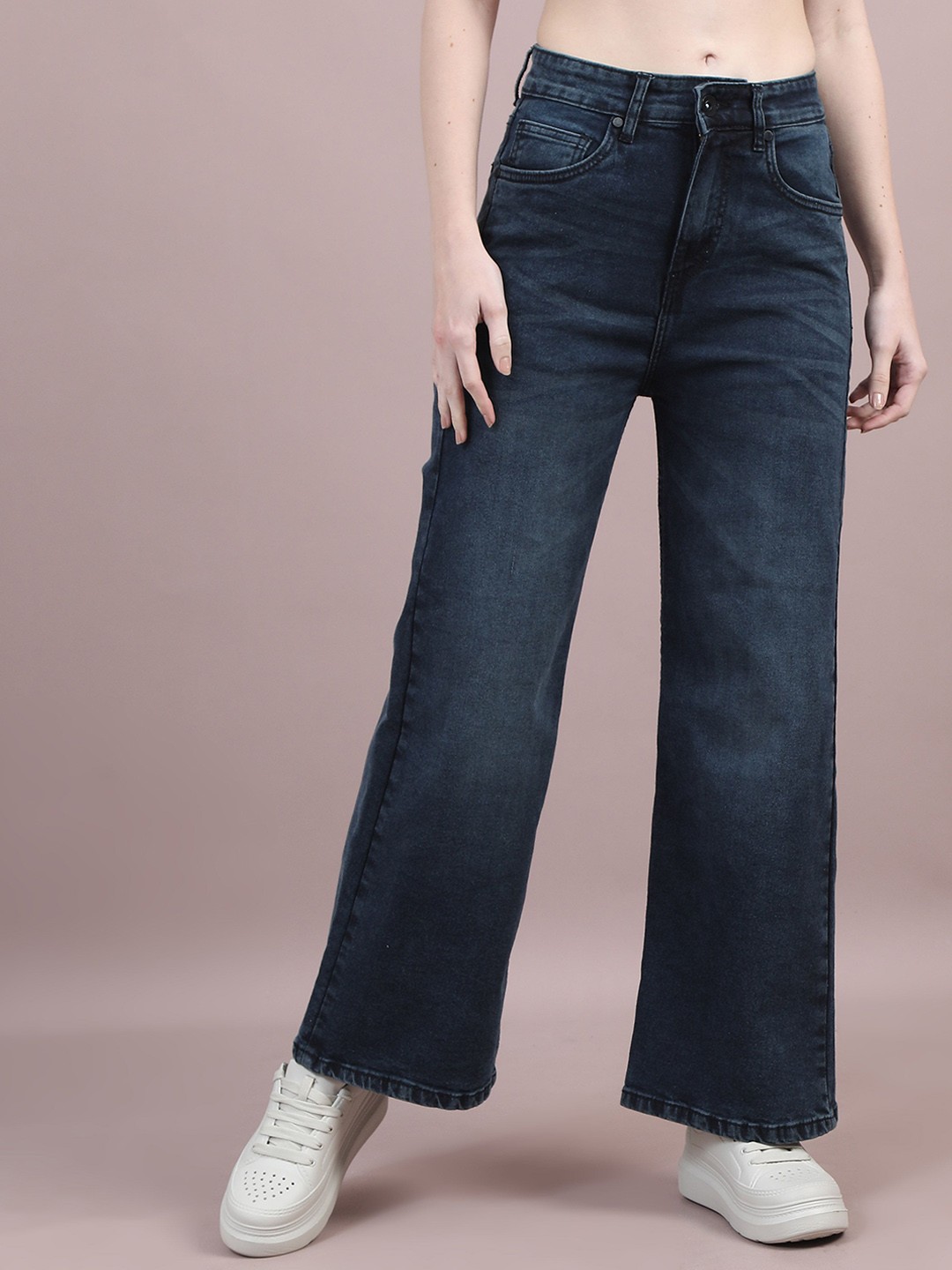 

The Roadster Lifestyle Co Women Cotton Wide-Leg High-Rise Stretchable Jeans, Blue