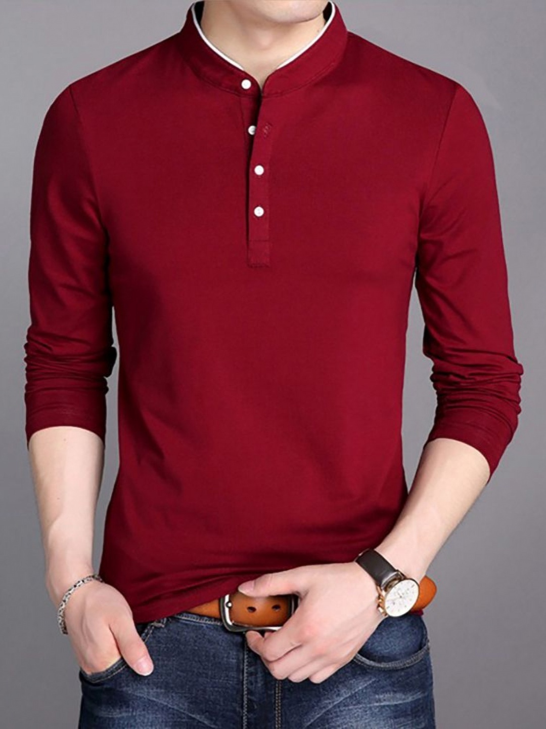 

StyleCast x Revolte Men Solid Henley Neck Cotton T-shirt, Maroon