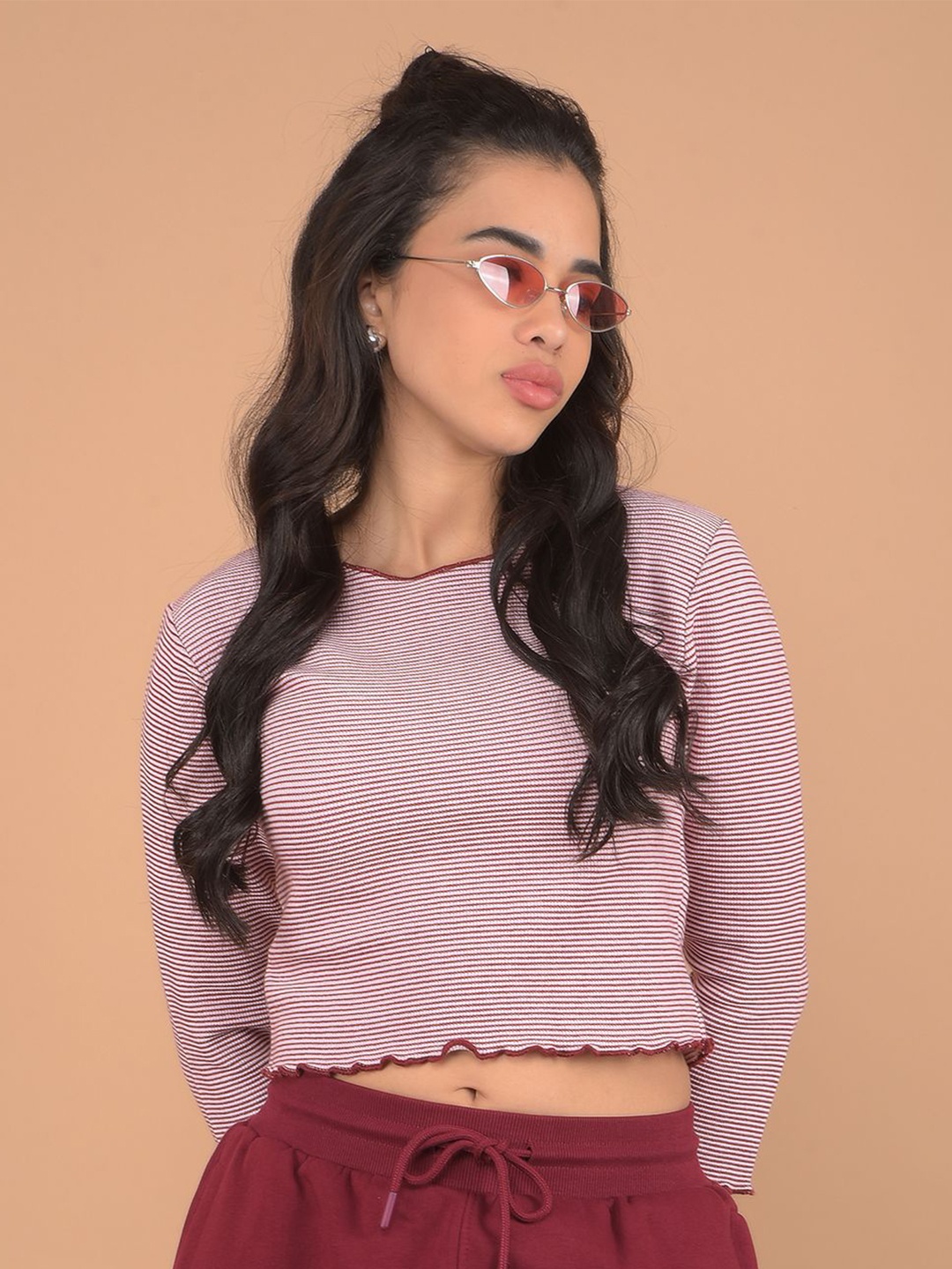 

Crimsoune Club Women Striped Cotton Crop Top, Maroon