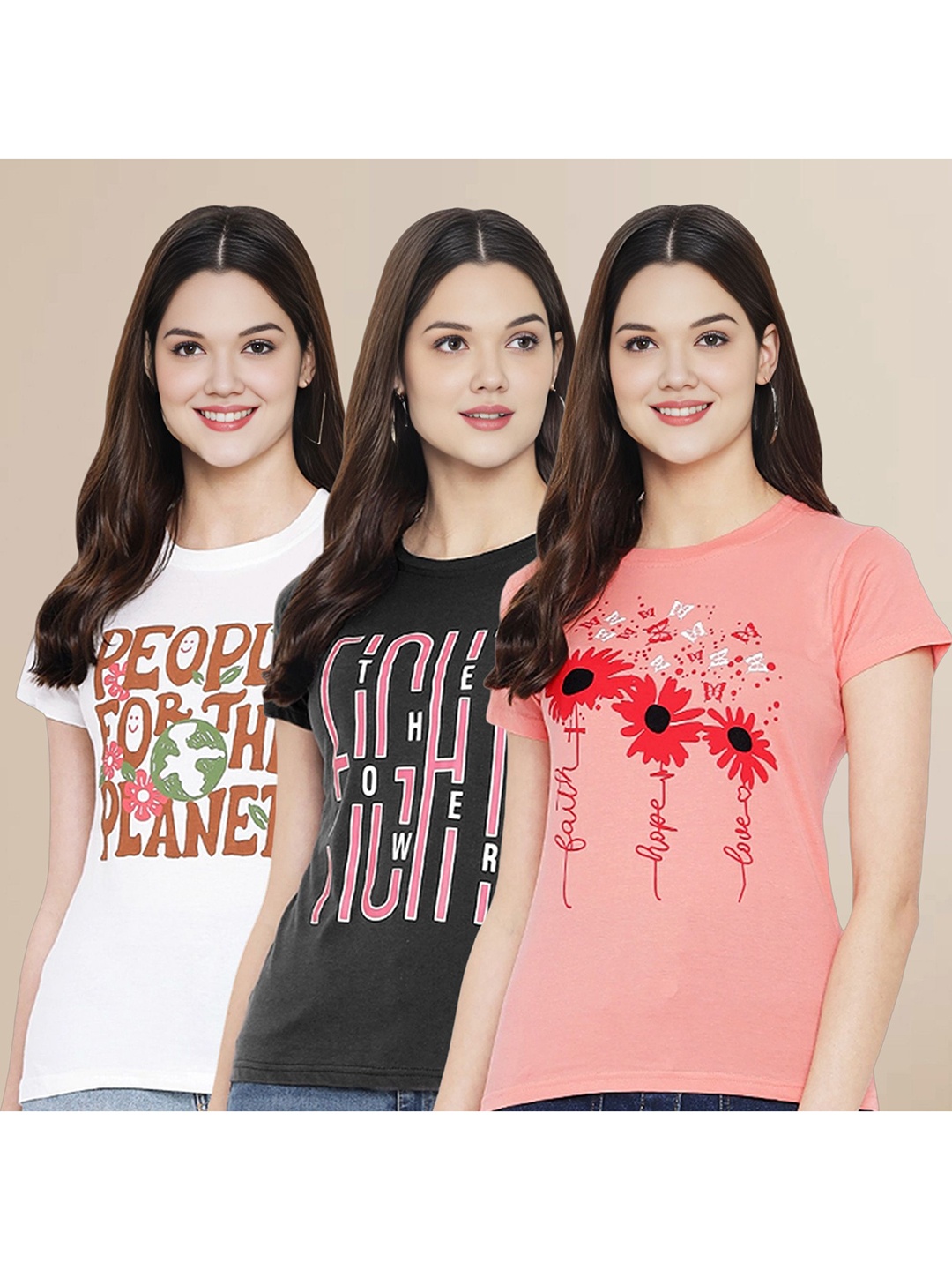 

Metronaut Women Pack Of 3 Typography Printed Round Neck Cotton T-shirts, White