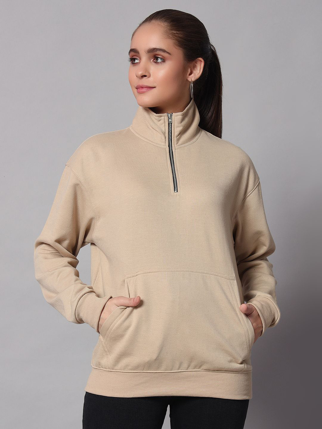 

Obaan Women Long Sleeves Mock Collar Sweatshirt, Beige
