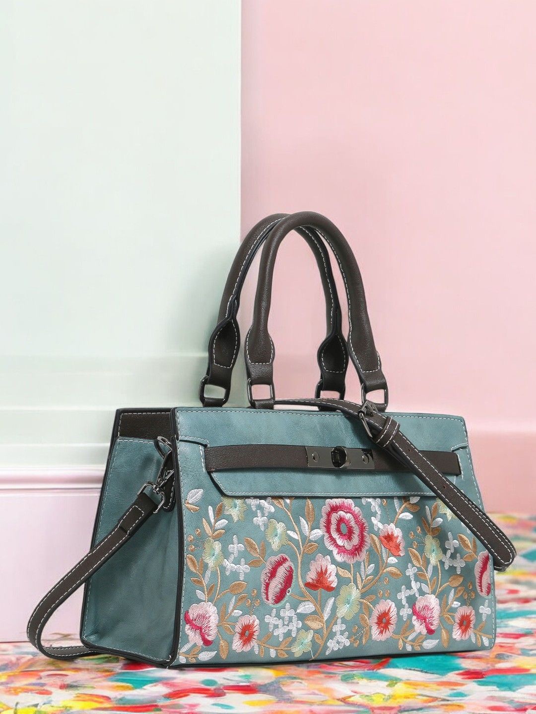 

Exotic Women Floral Printed Structured Leather Handheld Bag, Blue