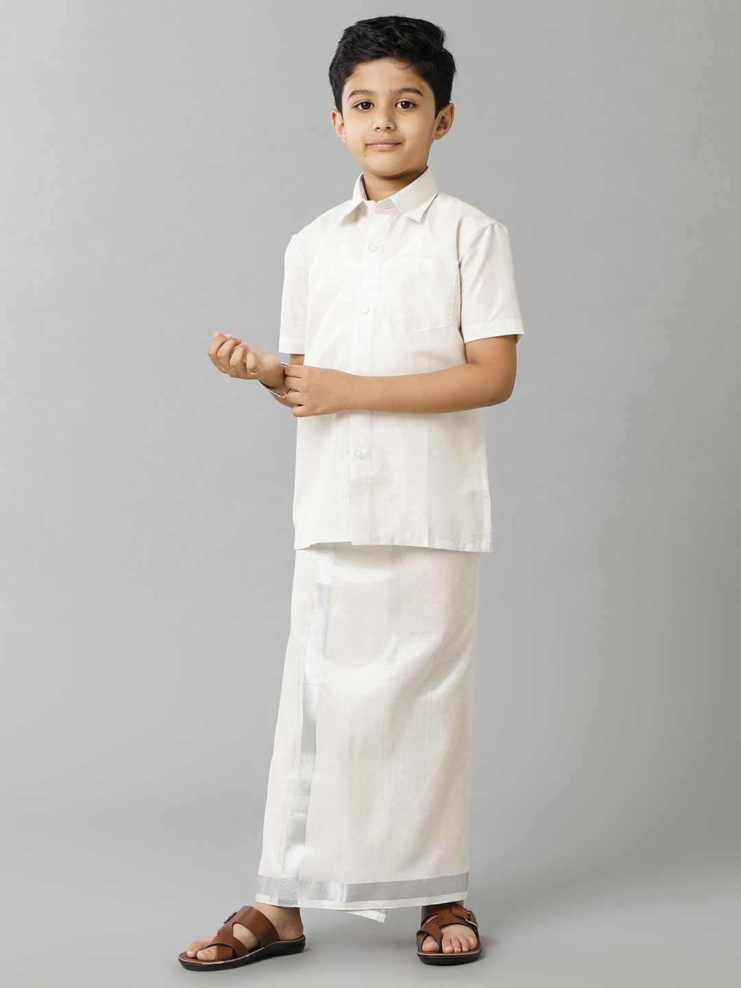 

Ramraj Boys Pure Cotton Shirt with Veshti, White