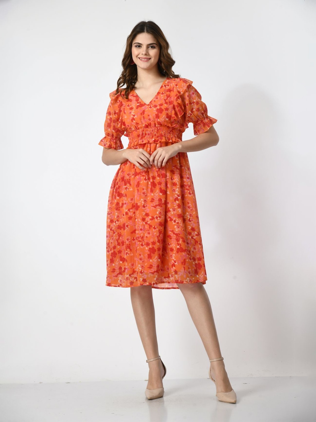 

Fuchsia Women V-Neck Floral Printed Puff Sleeve Fit & Flare Dress, Orange