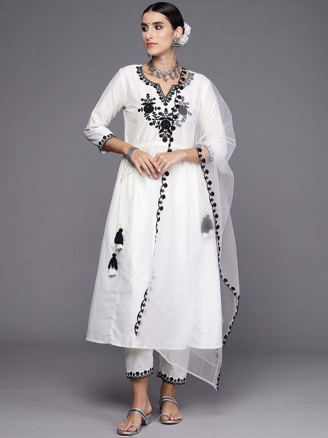 

Indo Era Floral Embroidered A-Line Thread Work Kurta with Trousers & Dupatta, White