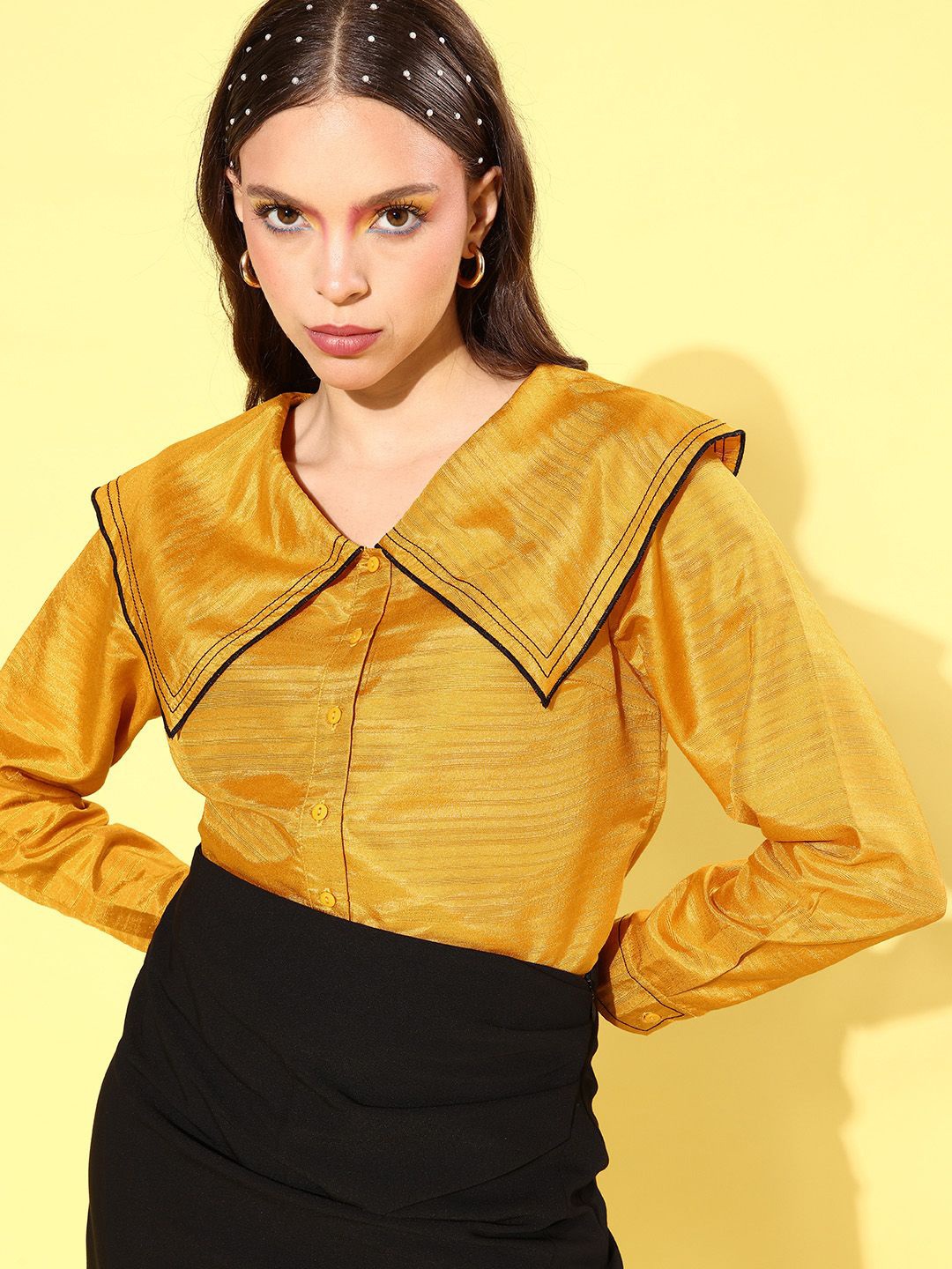 

QUIERO Women Spread Collar Solid Casual Shirt, Mustard