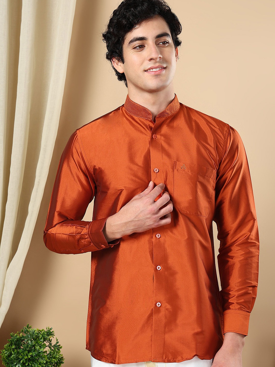 

TATTVA Men Classic Mandarin Collar Solid Slim Fit Casual Shirt, Orange