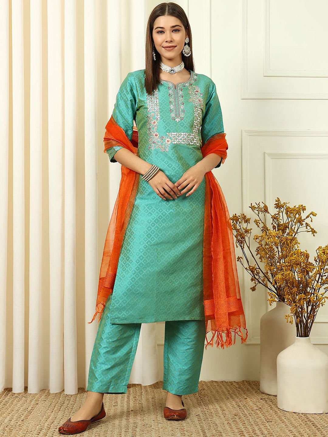 

Anouk Rustic Woven Design Embroidered Thread Work Straight Kurta with Trousers & Dupatta, Sea green