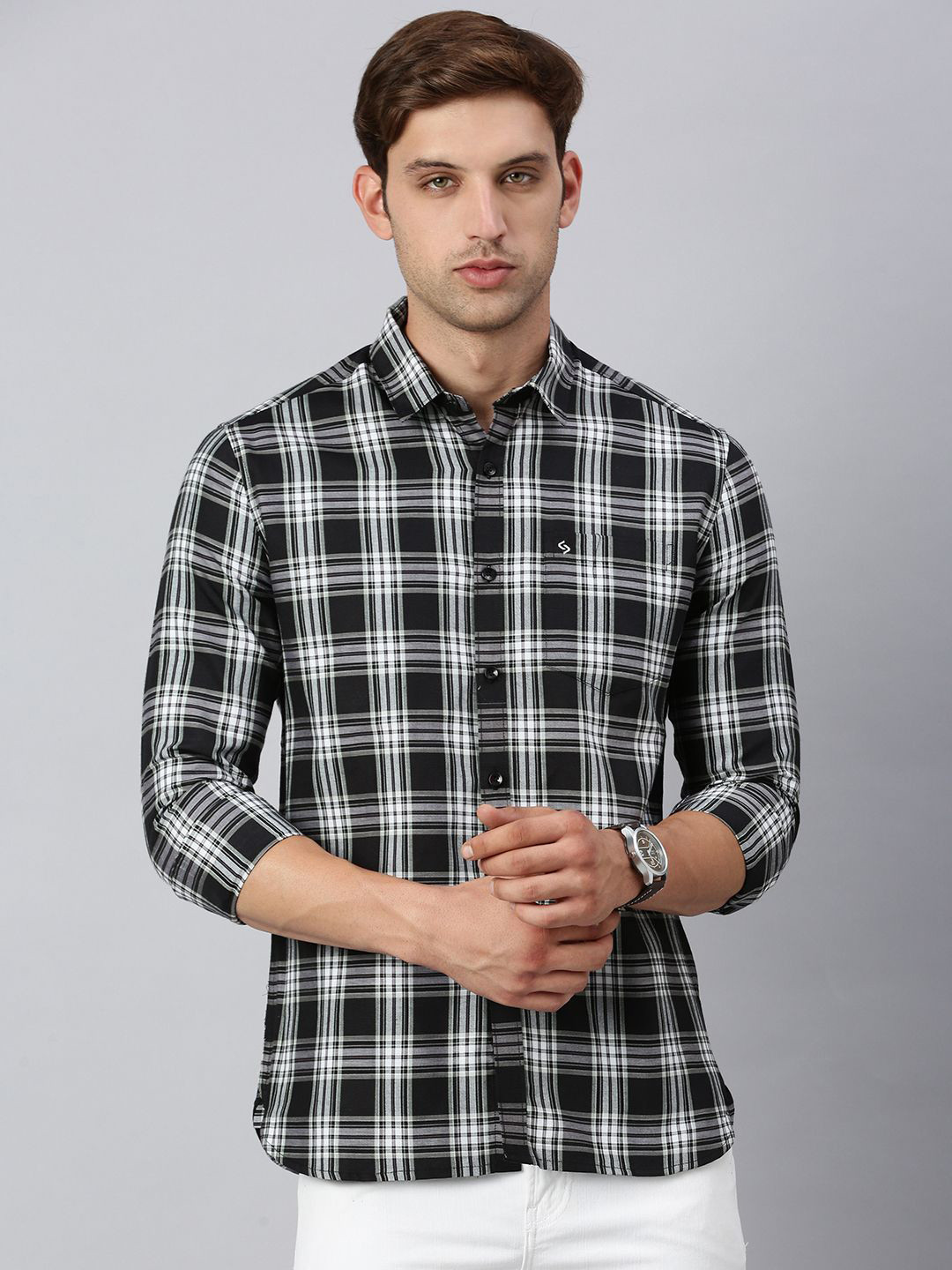

Classic Polo Men India Slim Spread Collar Tartan Checked Cotton Casual Shirt, Black