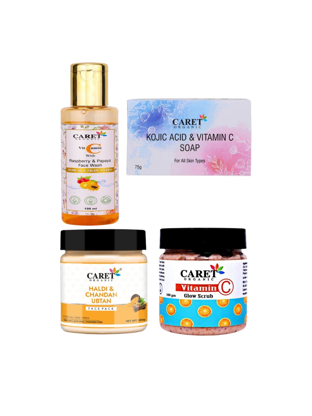 

CARET ORGANIC Set of 4 Face Wash, Vitamin C Glow Scrub, Haldi Chandan Face Pack & Soap, White