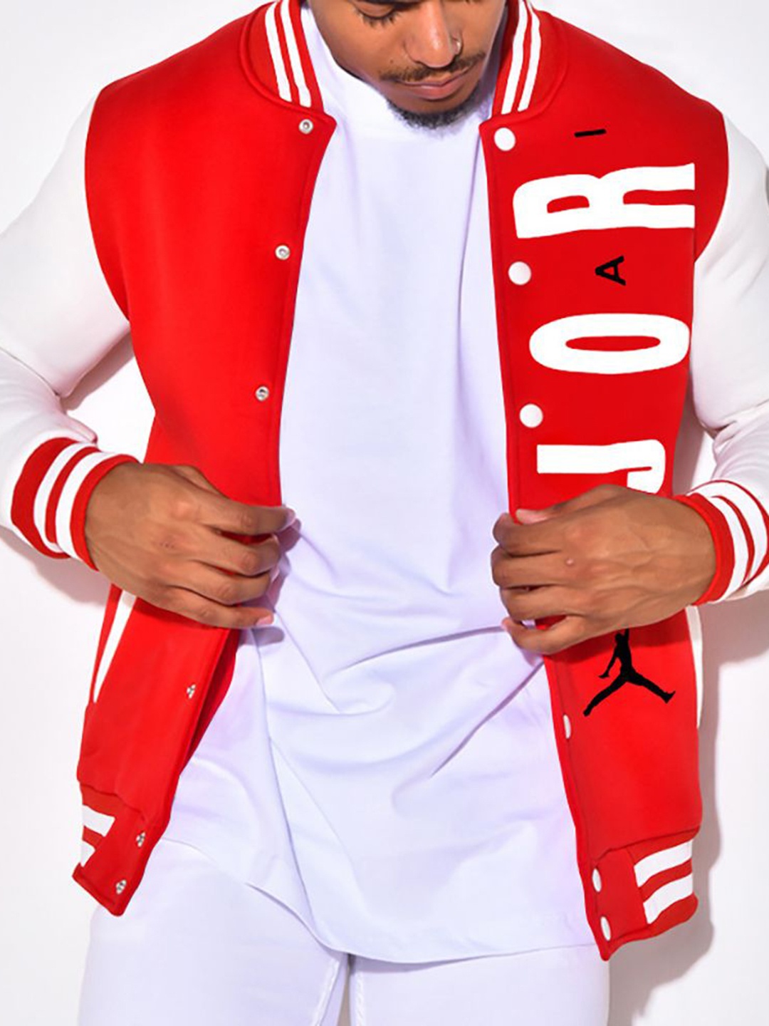 

StyleCast x Revolte Men Stand Collar Typography Printed Casual Varsity Jacket, Red
