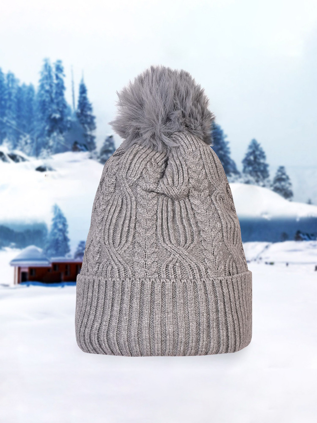 

LOOM LEGACY Women Cable Knit Woollen Winter Beanie, Grey