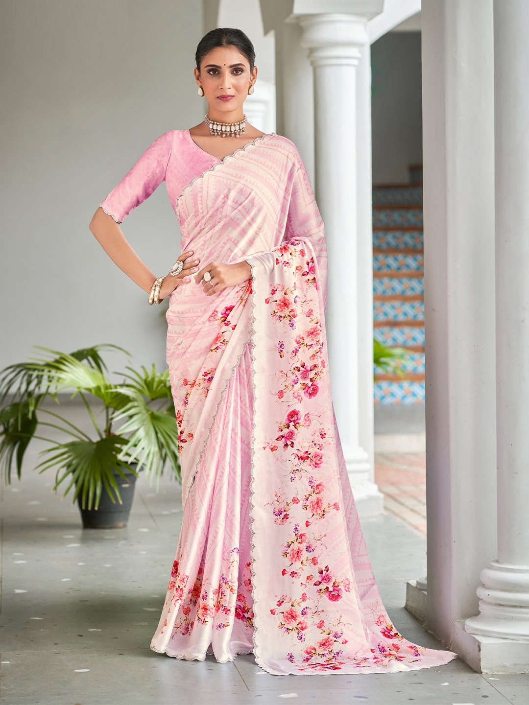 

MAHALASA Floral Printed Beads and Stones Saree, Pink