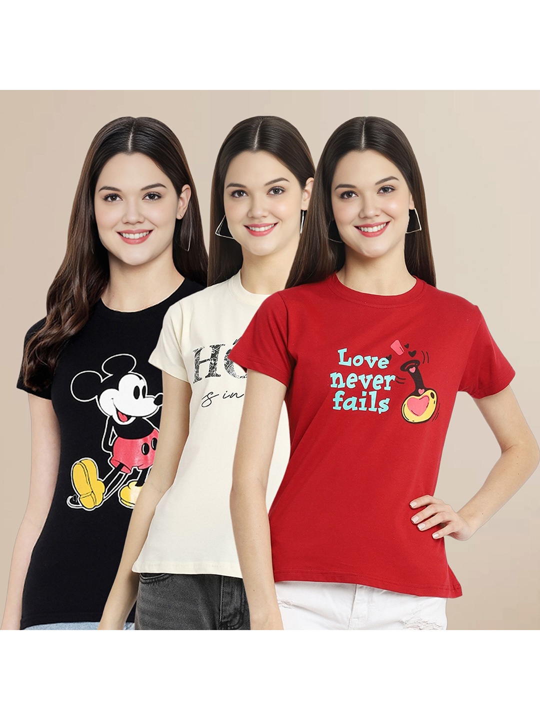 

Metronaut Women Pack Of 3 Typography Printed Round Neck Cotton Mickey Mouse T-shirts, Off white