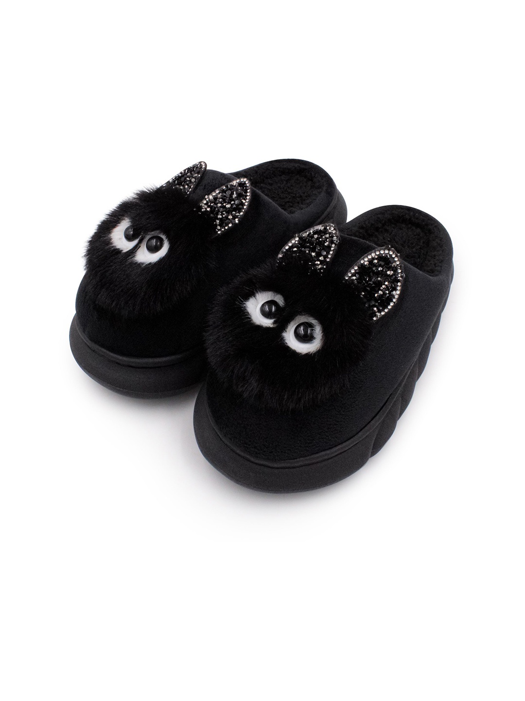 

JENNA Women Fur Winter Room Slippers, Black