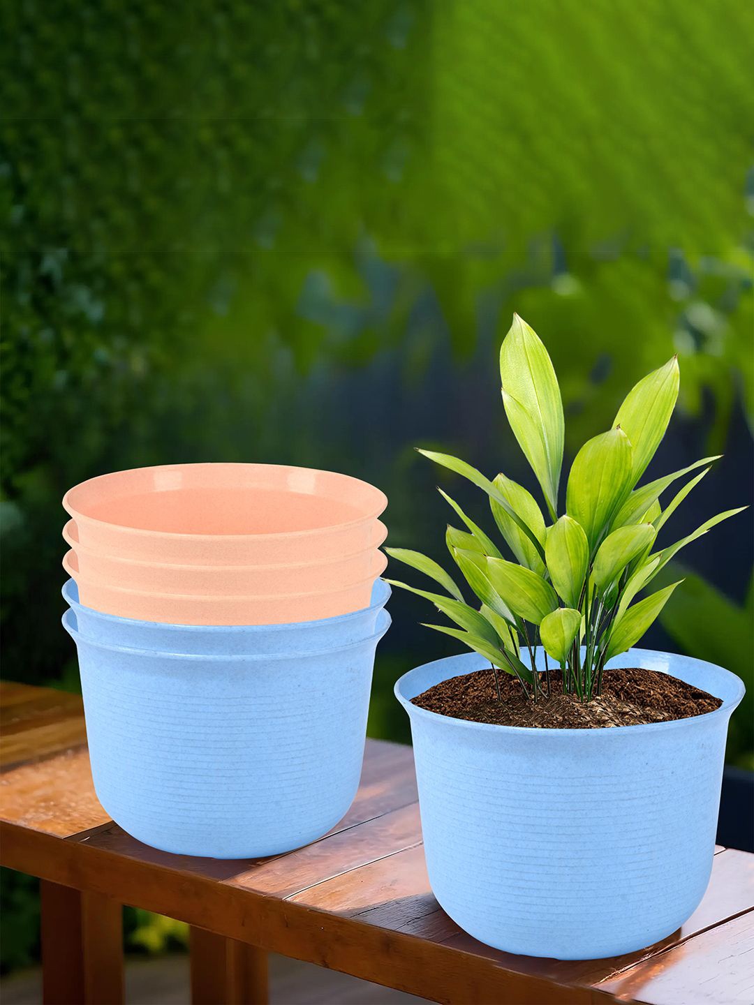 

Kuber Industries Peach-Colored & Blue 6 Pieces Textured Planters With Plate