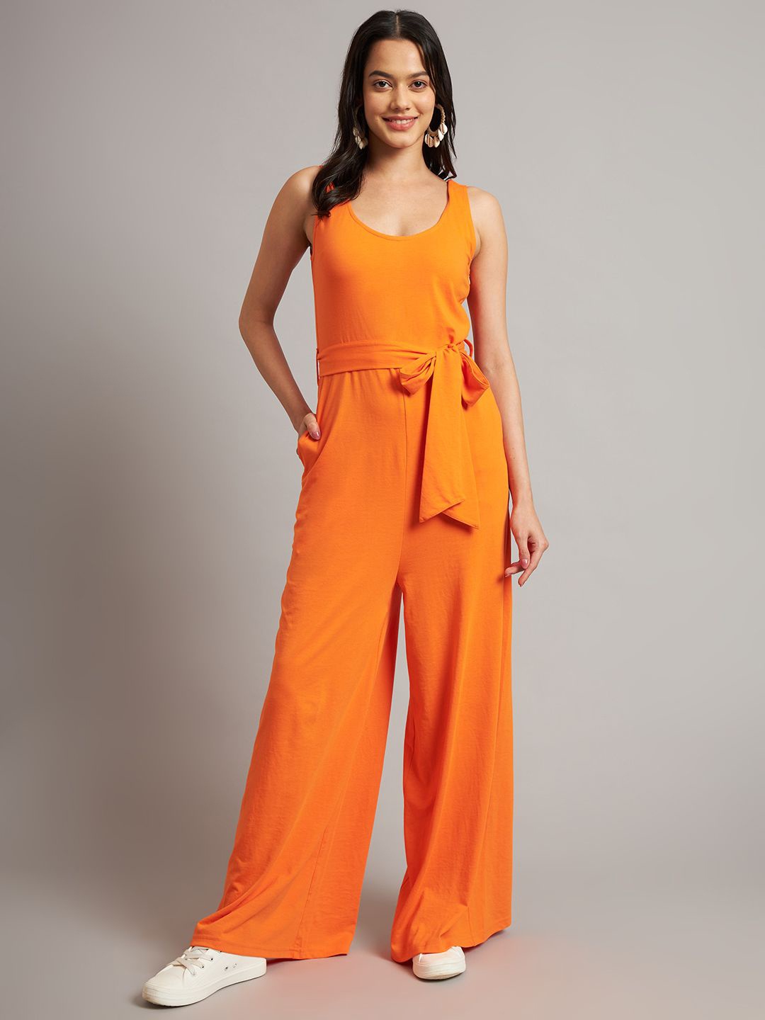 

BRINNS Women Cotton Solid Round Neck Sleeveless Basic Jumpsuit Waist Tie-Ups, Orange