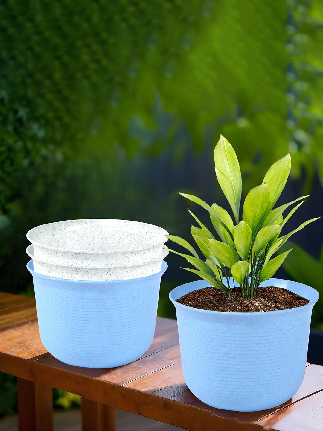 

Kuber Industries Blue & White 4 Pieces Durable Sawera Planters with Plate