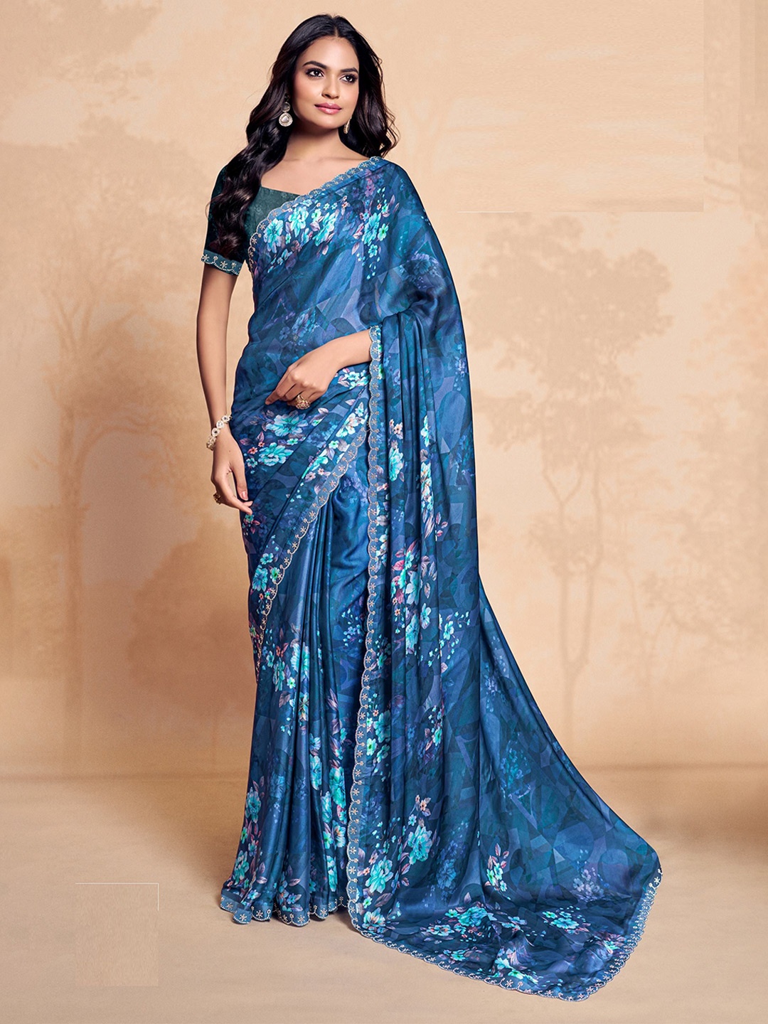 

MAHALASA Beads and Stones Floral Printed Satin Saree, Blue