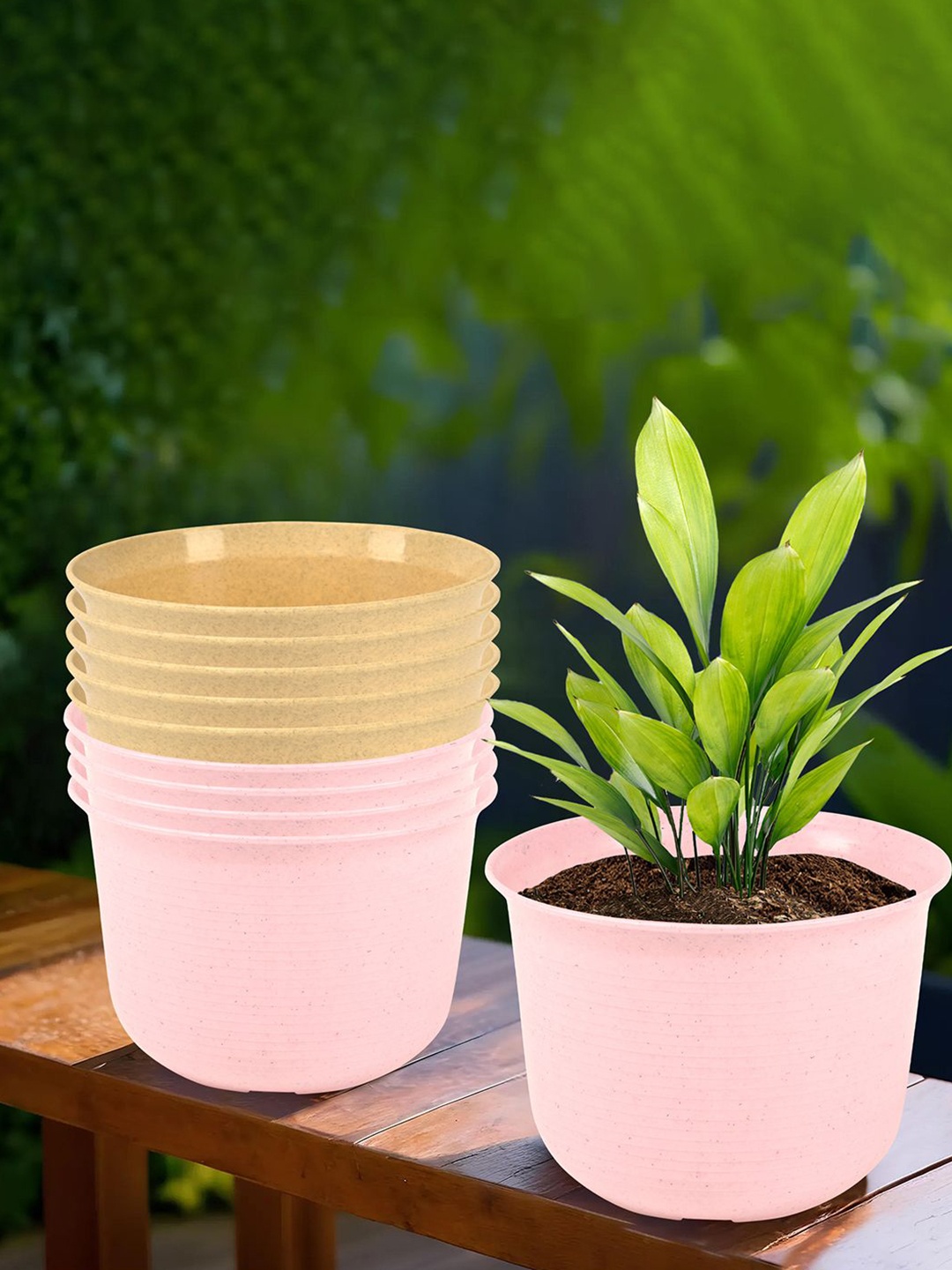 

Kuber Industries Pink & Beige 10 Pieces Textured Planters with Plate