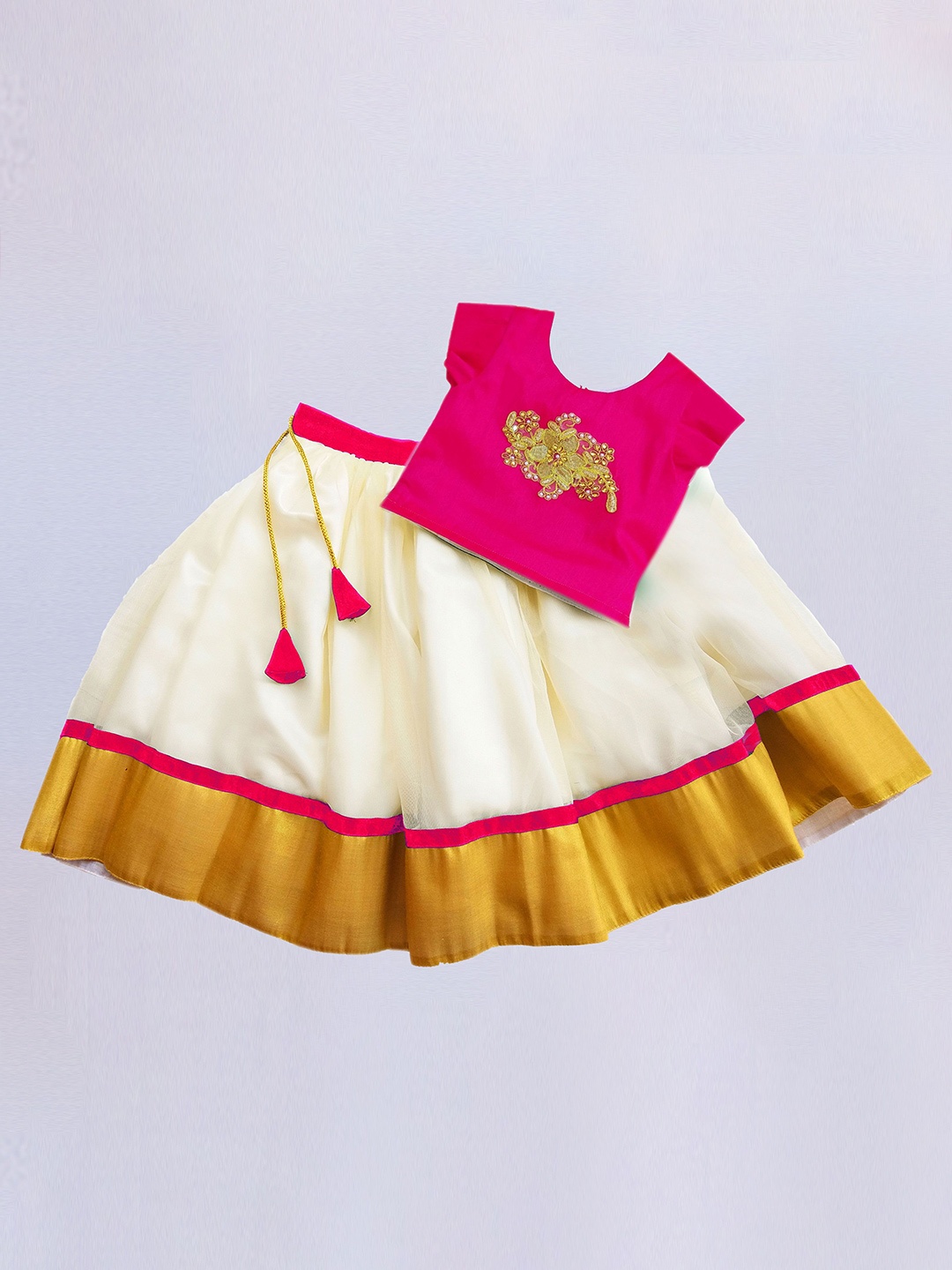 

STANWELLS KIDS Girls Embroidered Beads and Stones Net Ready to Wear Lehenga & Blouse, Pink