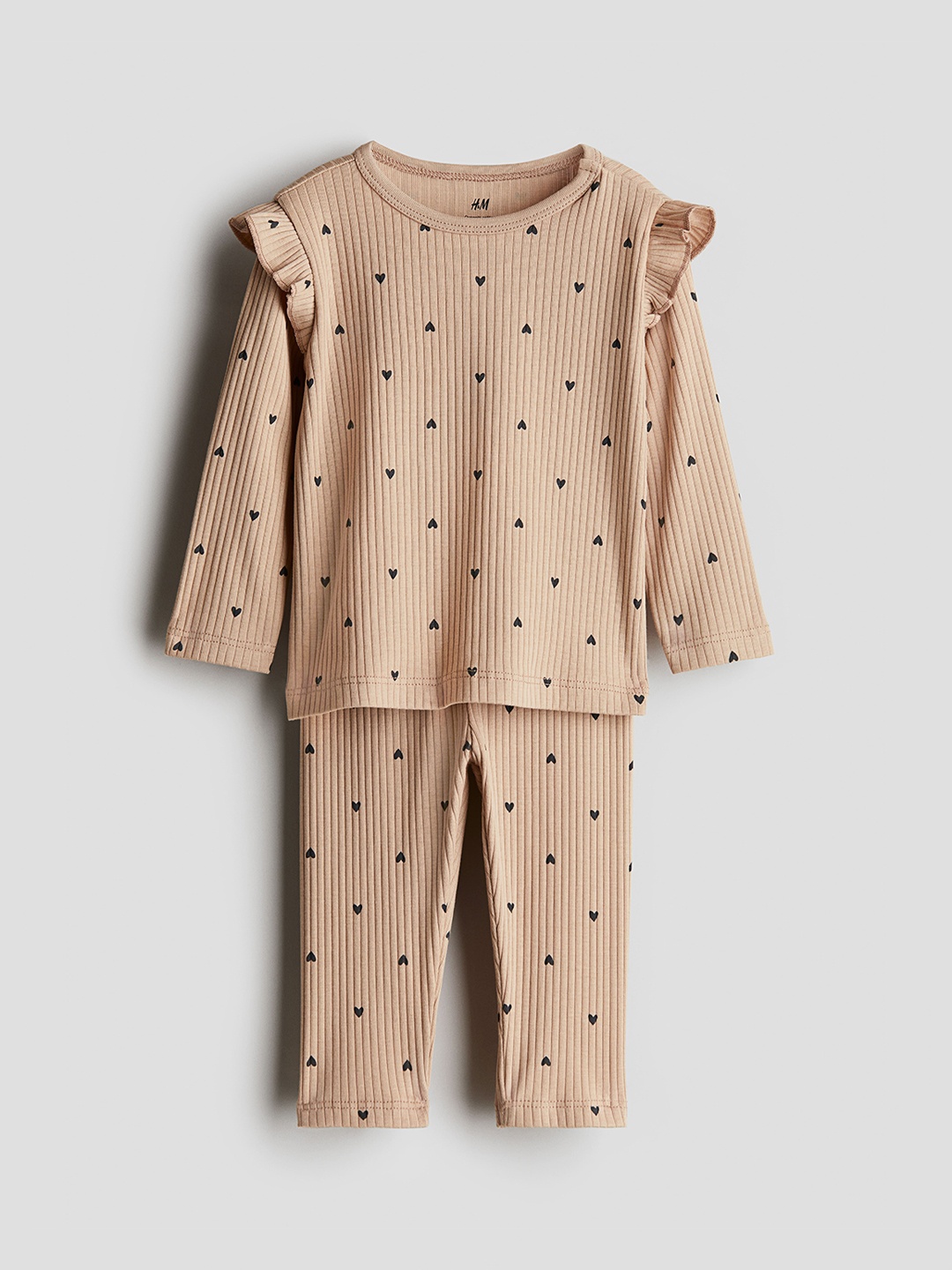 

H&M Girls Ribbed Cotton Set, Beige
