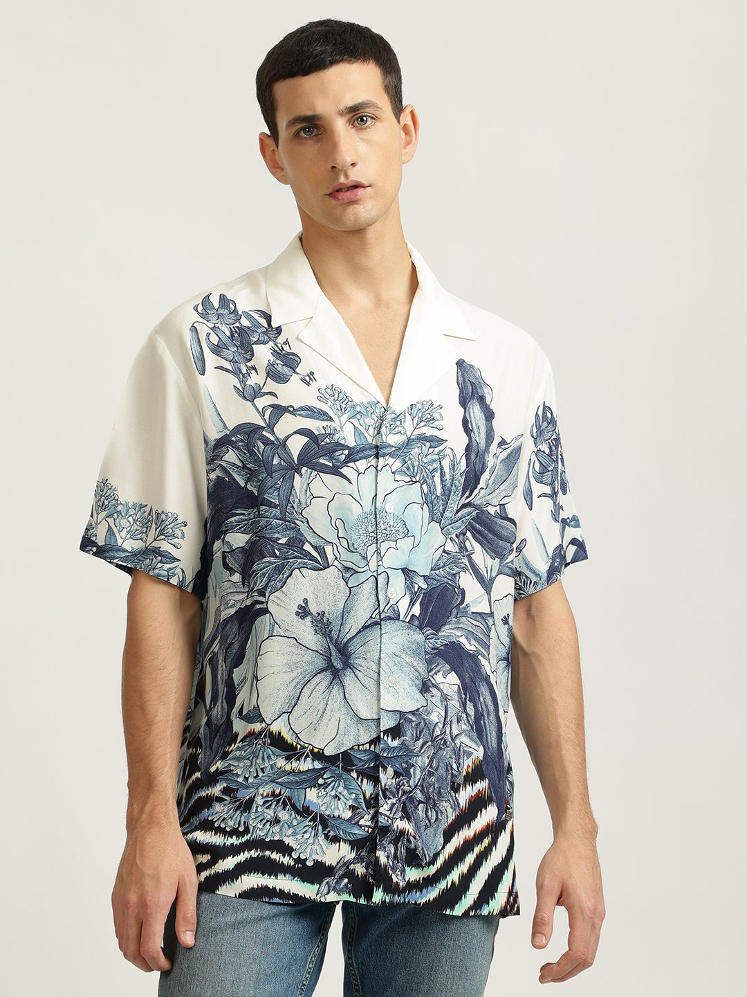 

Just Cavalli Men Cuban Collar Floral Printed Casual Shirt, White