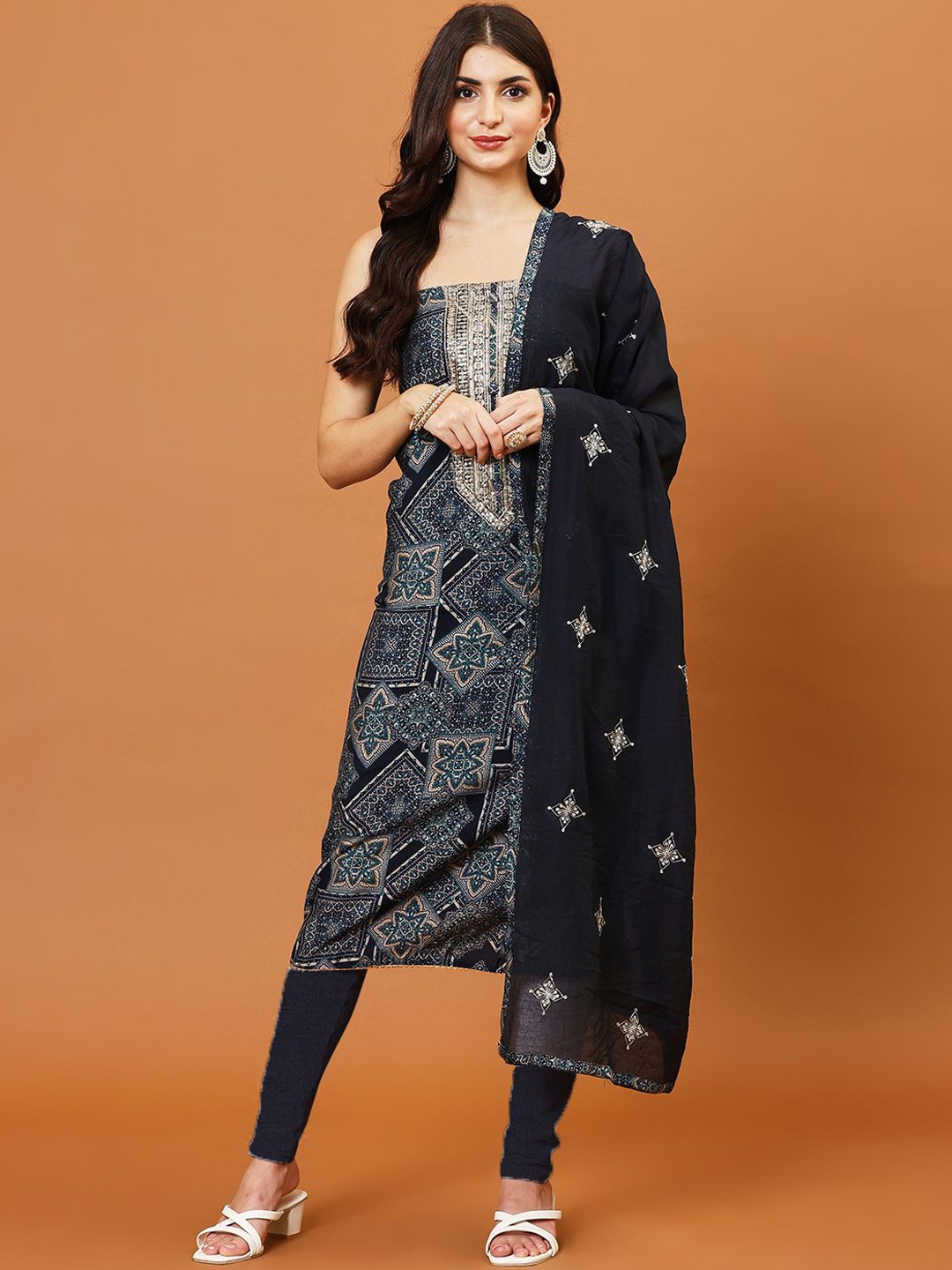 

Meena Bazaar Ethnic Motifs Printed Sequinned Cotton Unstitched Dress Material, Navy blue