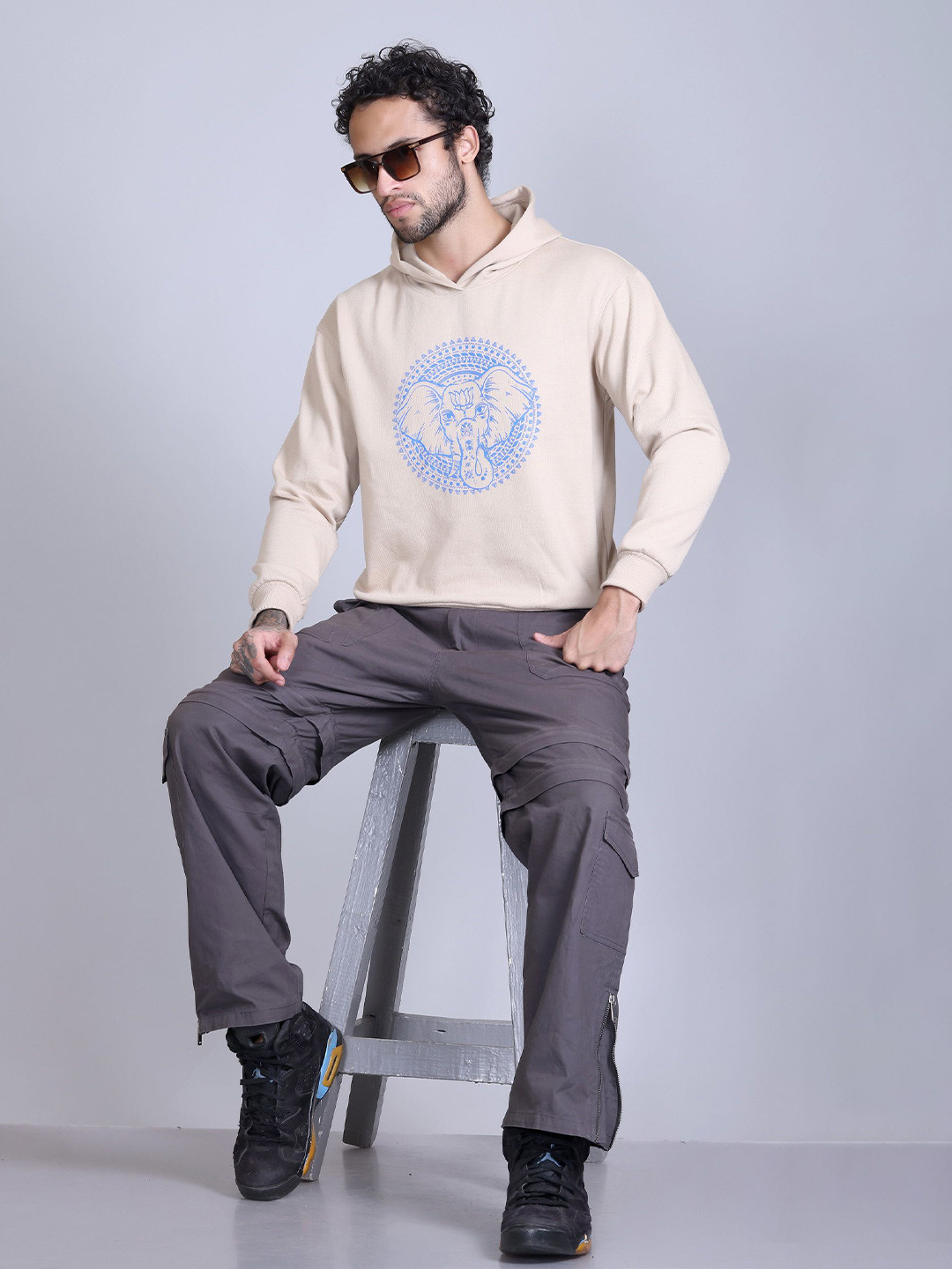 

Obaan Men Printed Hooded Long Sleeves Pullover Sweatshirt, Beige