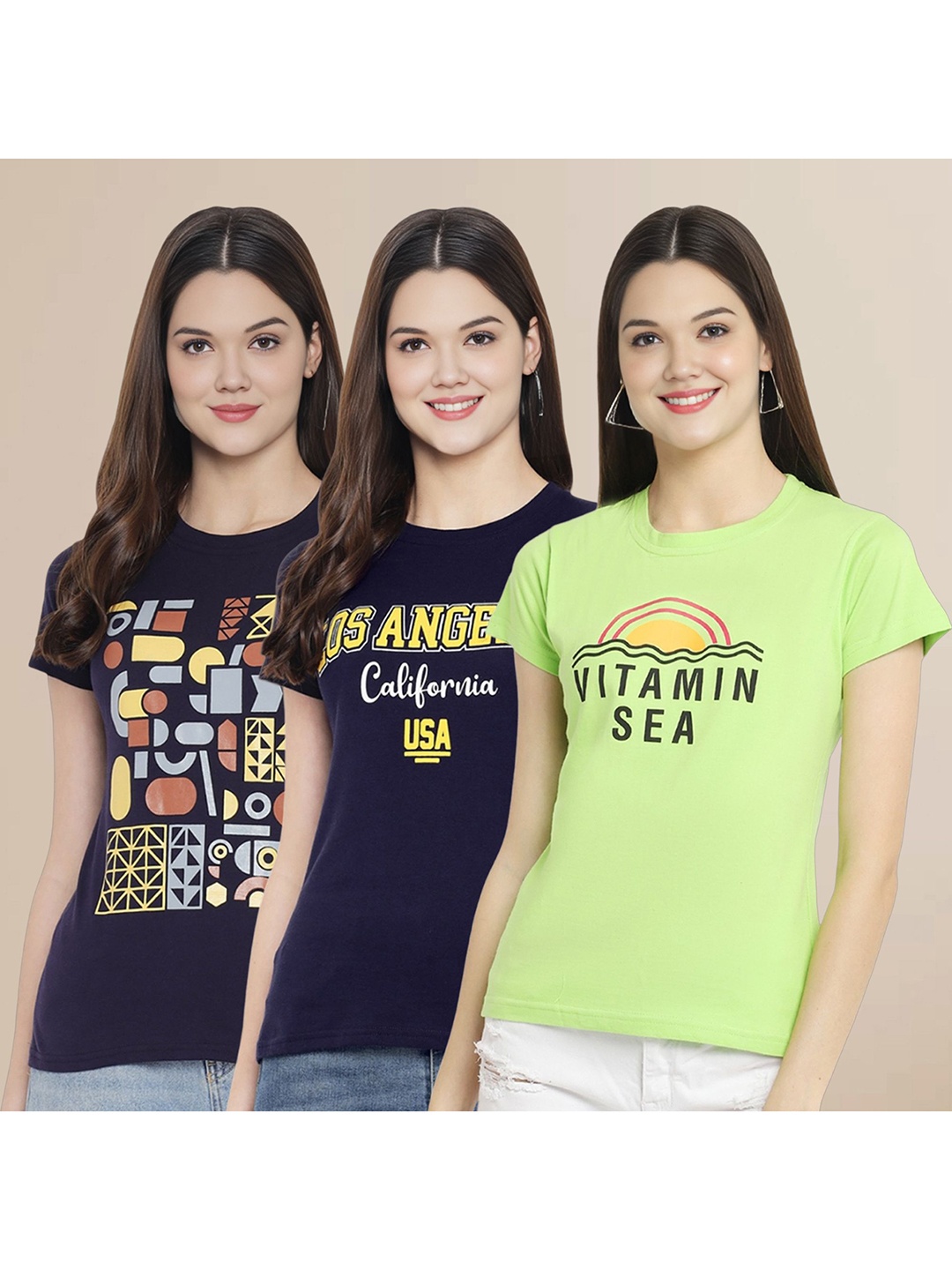 

Metronaut Women Pack Of 3 Typography Printed Round Neck Cotton T-shirts, Navy blue