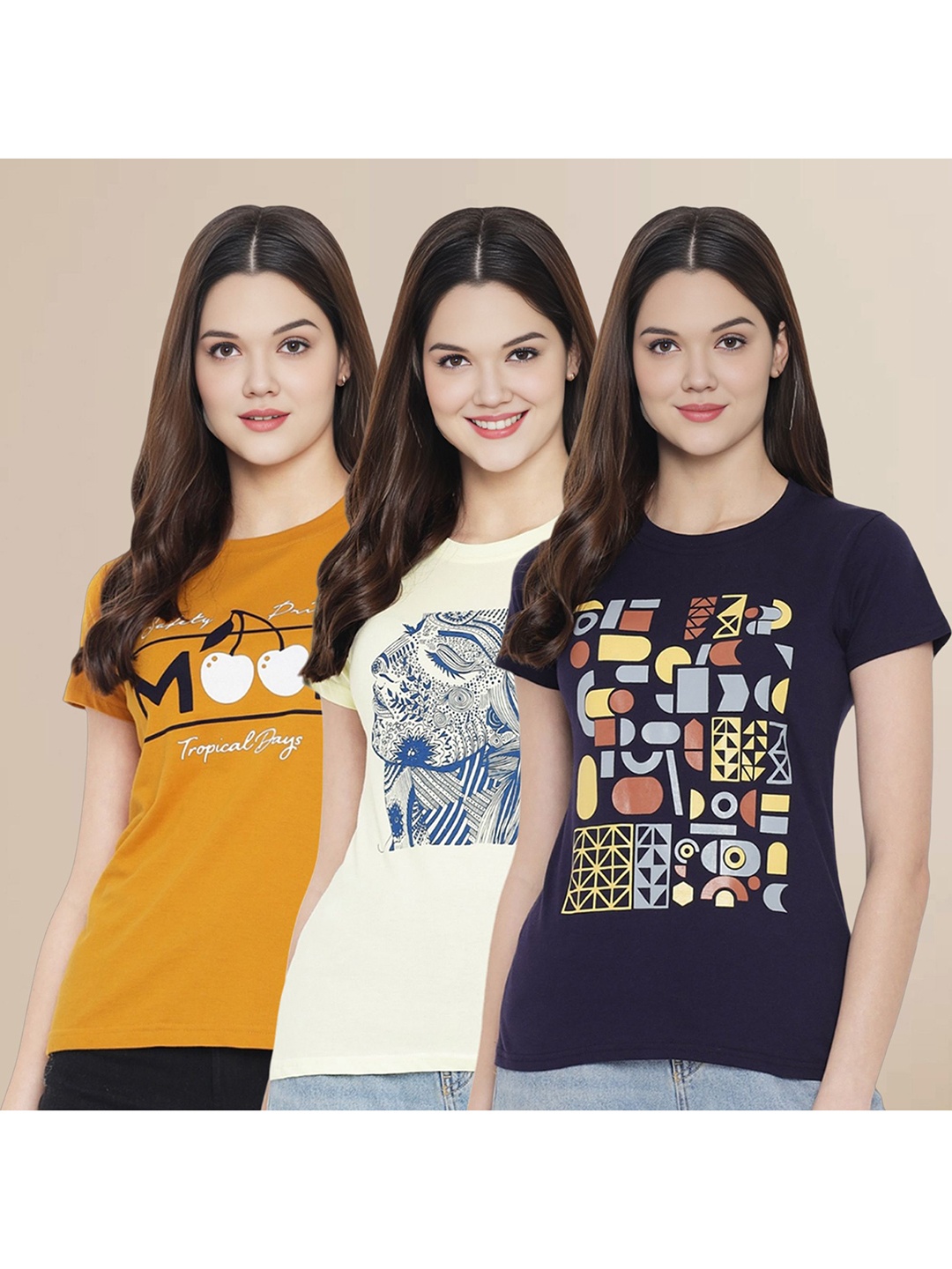 

Metronaut Women Pack Of 3 Typography Printed Round Neck Cotton T-shirts, Mustard