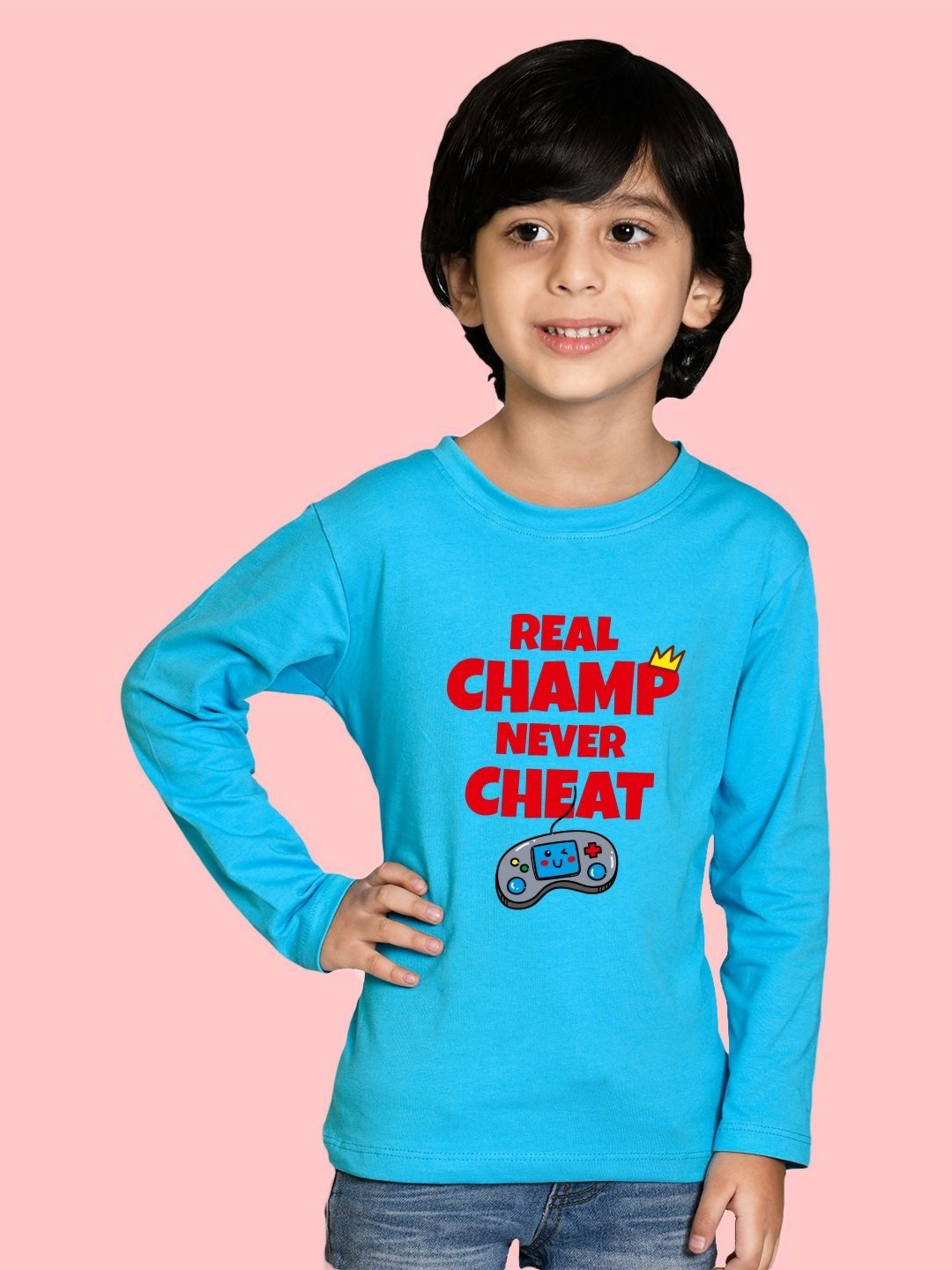 

NUSYL Boys Real Champ Never Cheat Text Printed Round Neck Cotton Casual T-shirt, Blue