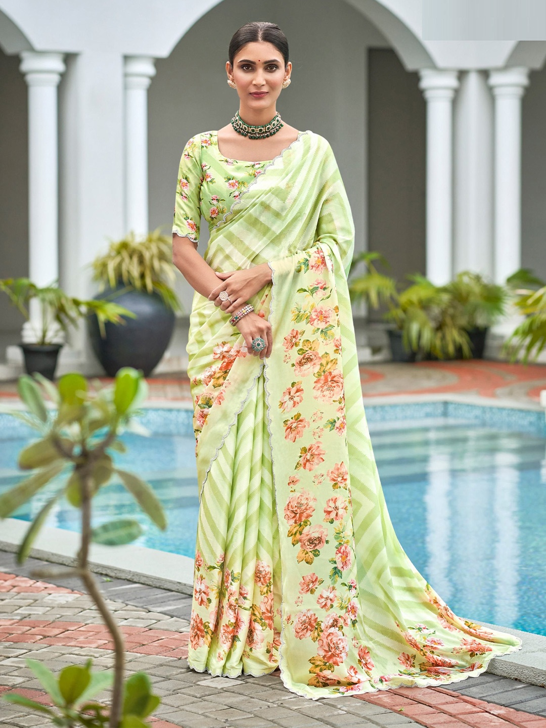 

MAHALASA Floral Beads and Stones Satin Saree, Green