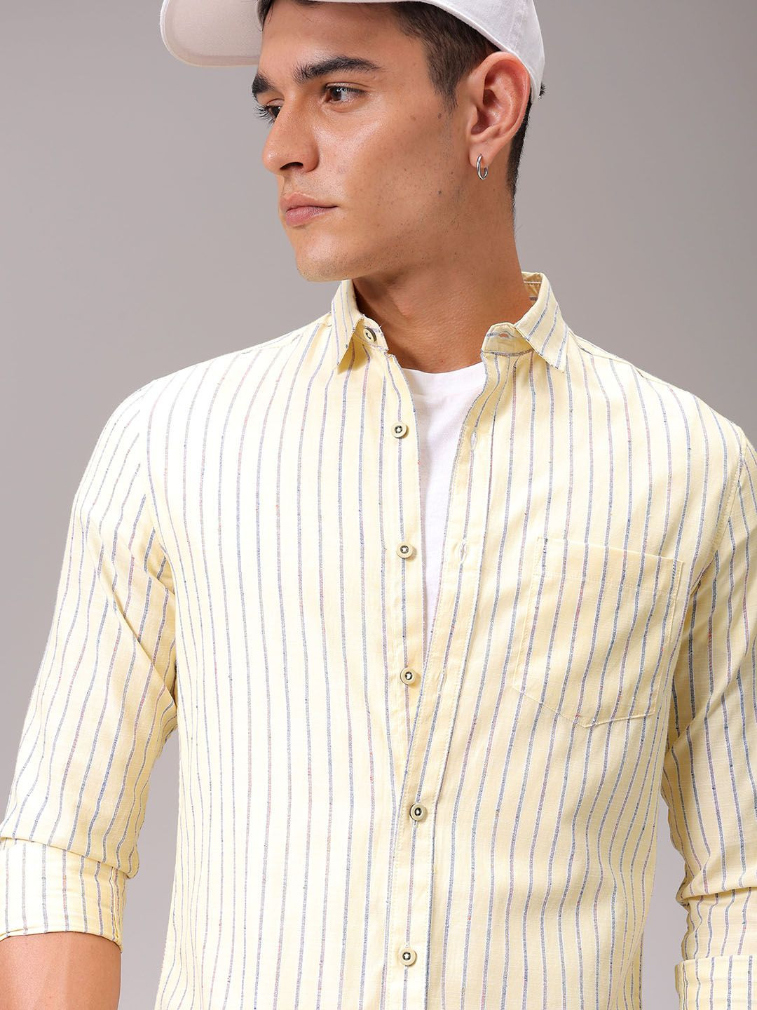 

The Indian Garage Co Men Cutaway Collar Vertical Striped Cotton Slim Fit Casual Shirt, Yellow