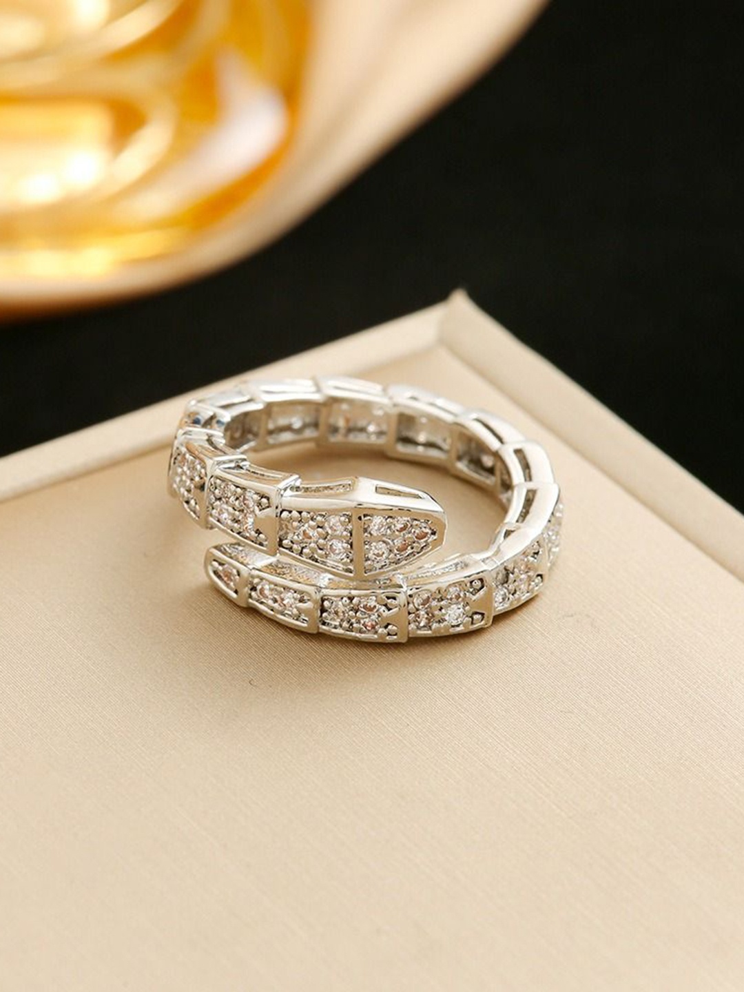 

MYKI Stainless Steel Silver-Plated Stone-Studded Finger Ring