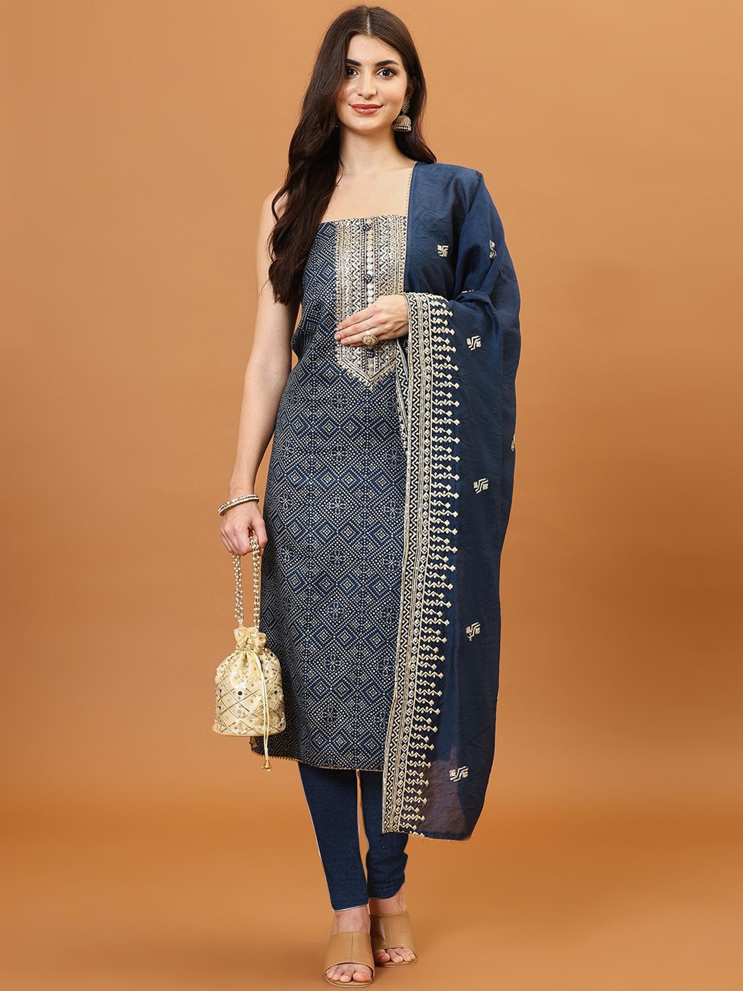 

Meena Bazaar Printed Unstitched Dress Material, Navy blue