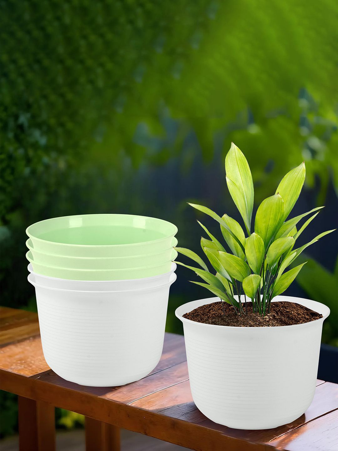 

Kuber Industries Green & White 6 Pieces Textured Sawera Planters With Plate