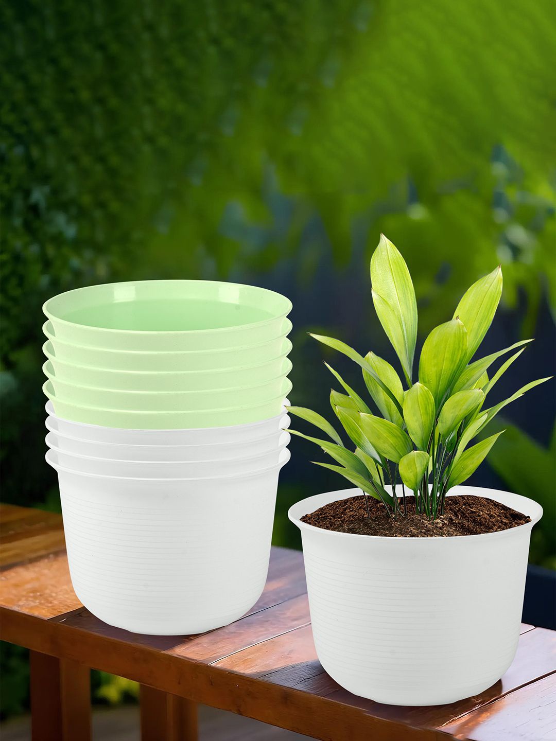 

Kuber Industries White & Green 10 Pieces Textured Sawera Planters With Plate