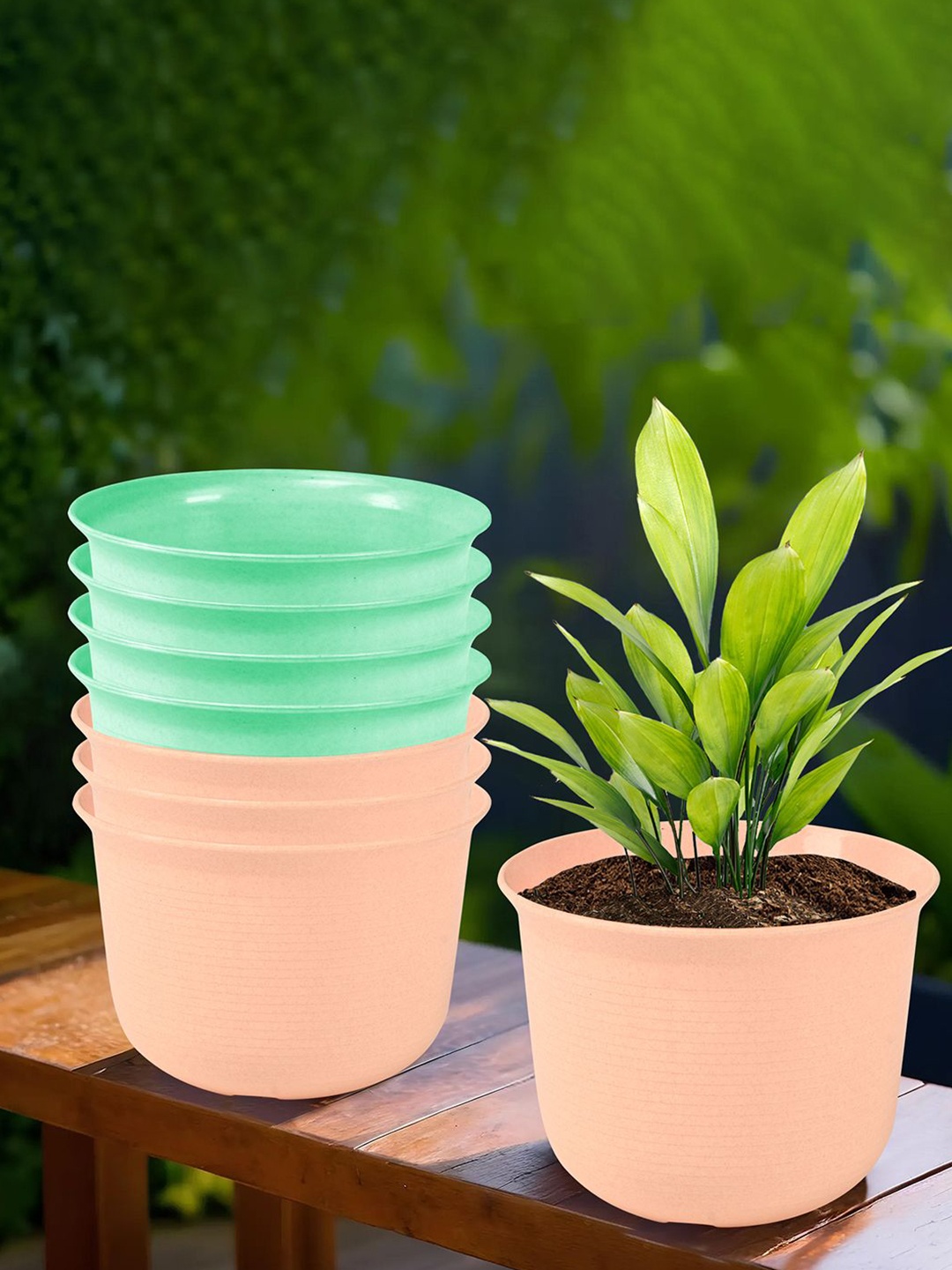 

Kuber Industries Peach-Colored & Green 8 Pieces Textured Planters with Plate