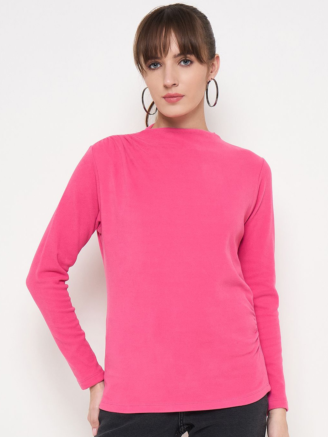 

Madame Women Solid High Neck Regular Top, Pink