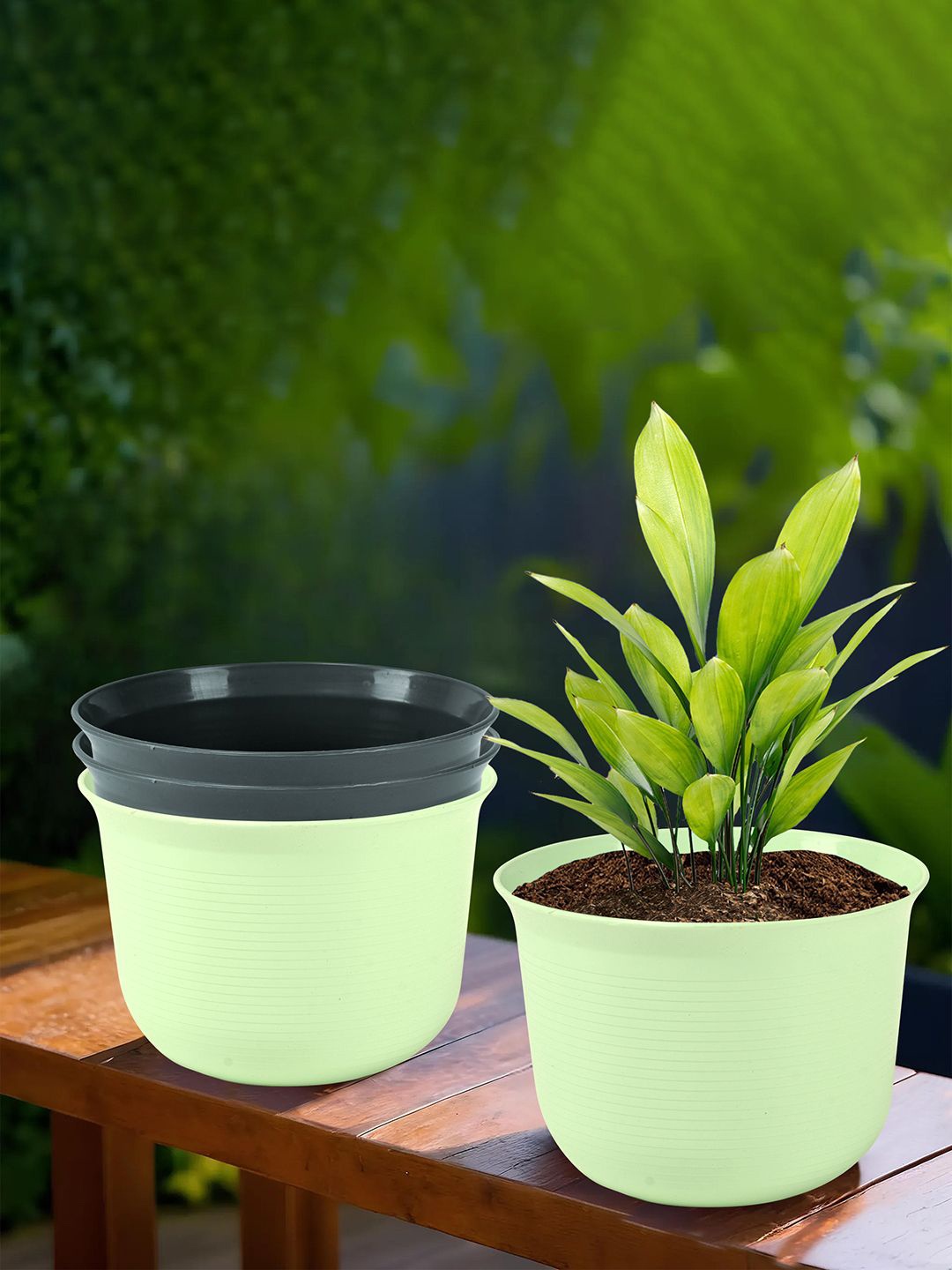 

Kuber Industries Grey & Green 4 Pieces Durable Planters with Plate