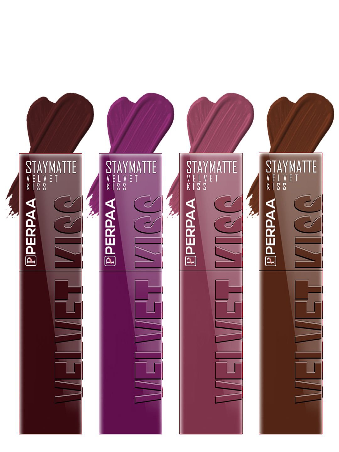 

PERPAA Velvet Kiss Set of 4 Waterproof Matte Lipstick -3.5 ml Each -Shades 2- 3- 4- 7, Brown