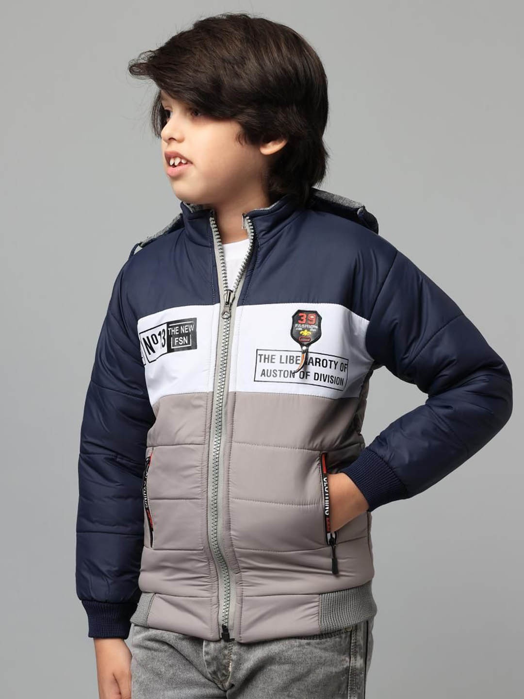 

Anixa Boys Mock Collar Colourblocked Casual Padded Jacket, Grey