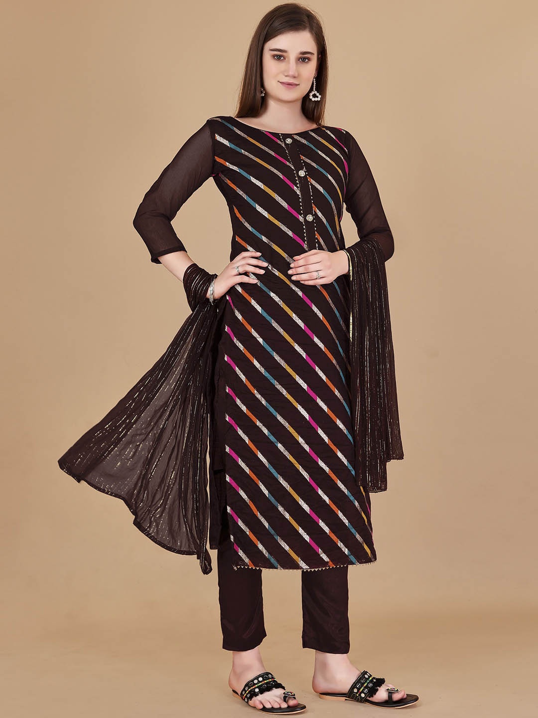 

Maroosh Embellished Organza Unstitched Dress Material, Brown