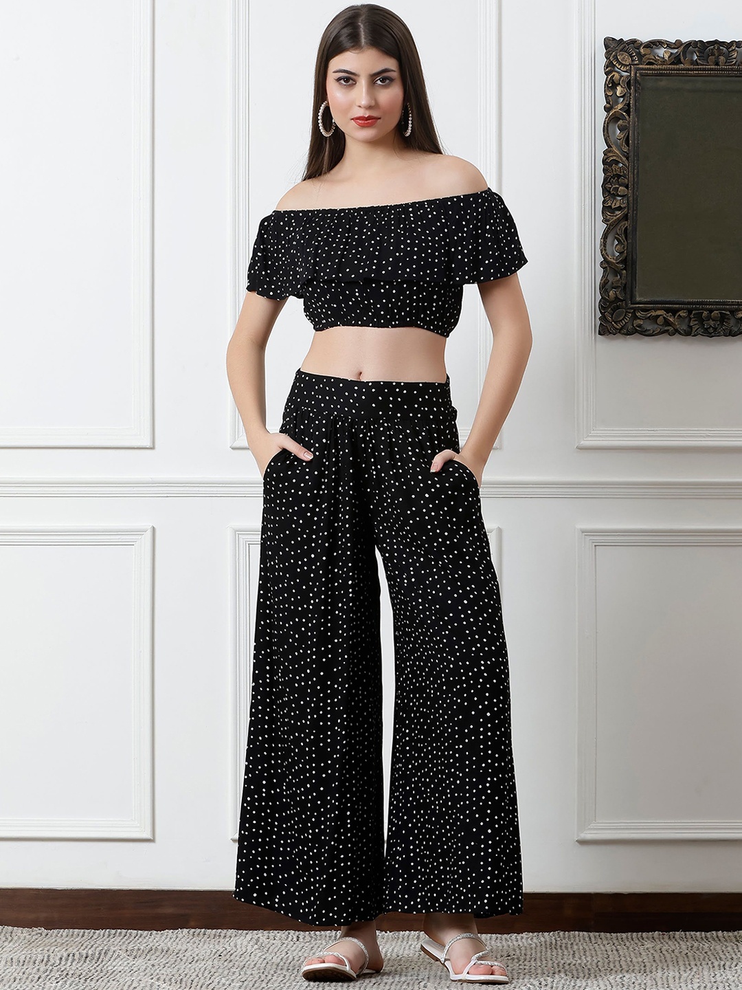 

DEBONATELLA polka dots Printed Top With Trouser, Black