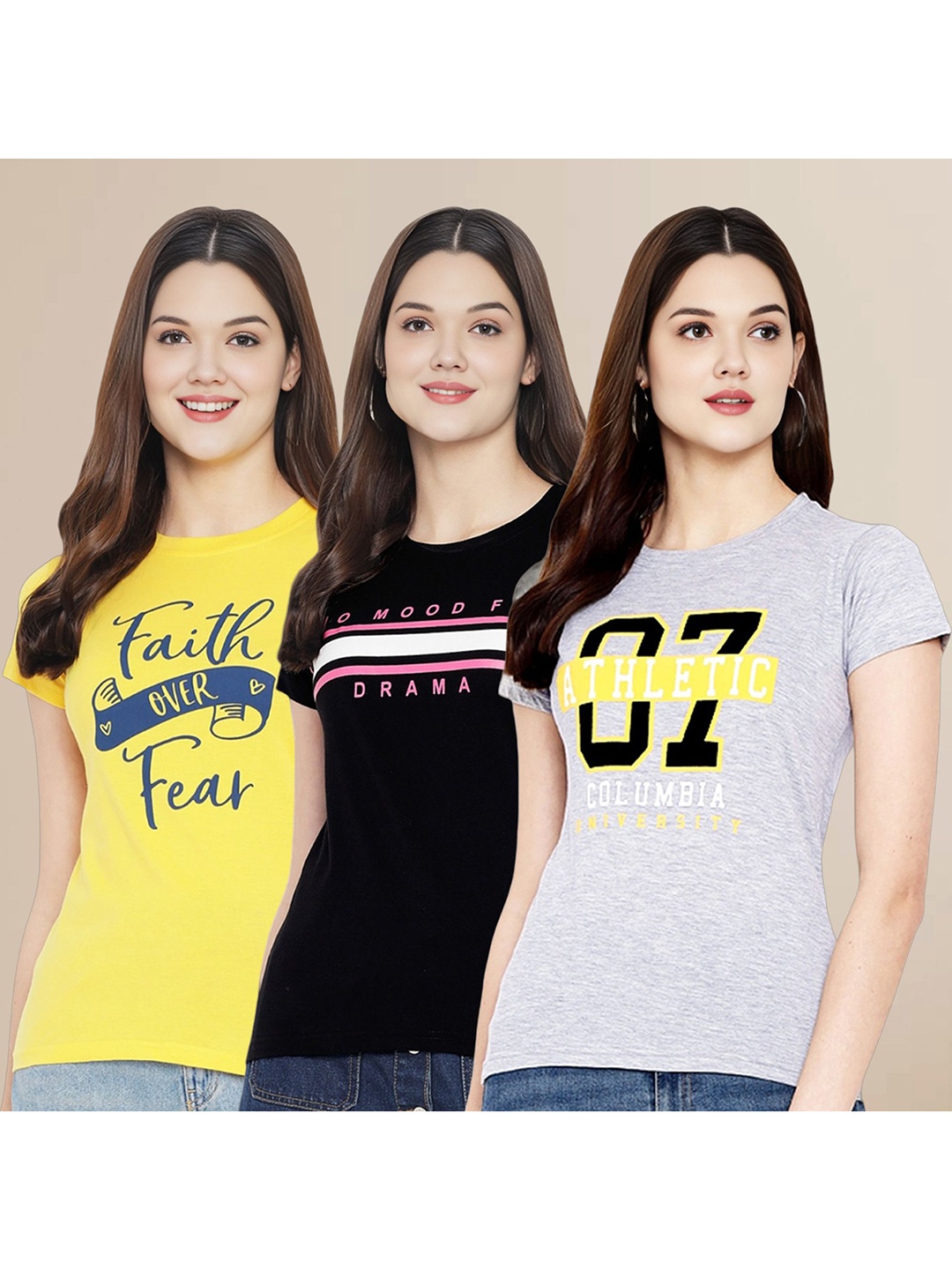 

Metronaut Women Pack Of 3 Typography Printed Round Neck Cotton T-shirts, Yellow