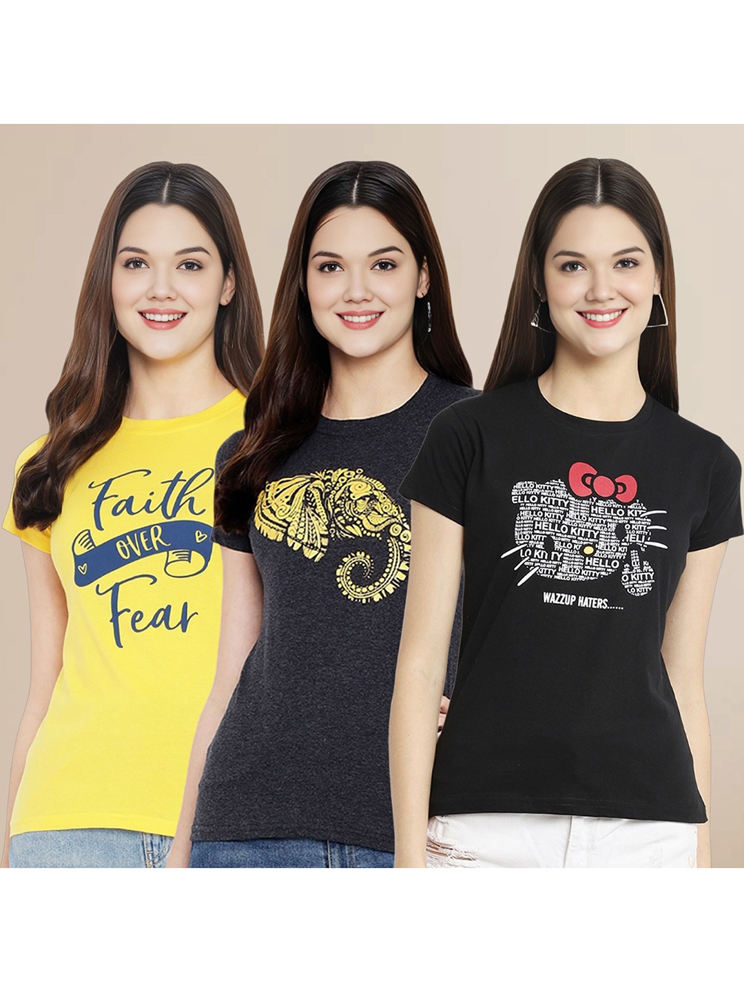 

Metronaut Women Pack Of 3 Typography Printed Round Neck Cotton T-shirts, Yellow