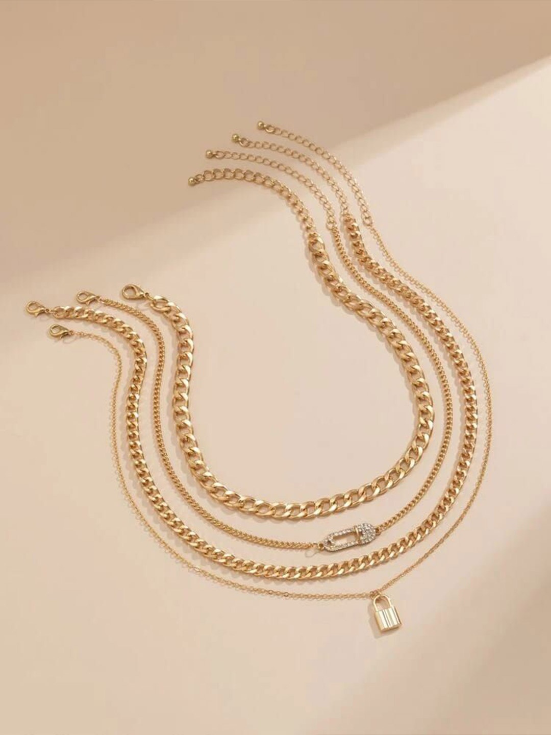 

YU FASHIONS Gold-Plated Multilayered Lock Rhinestone Safety Pin Statement Necklace
